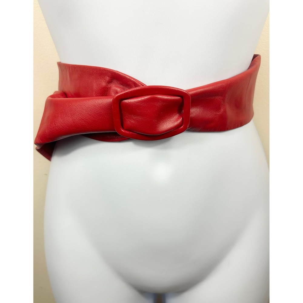 VTG St Michael Leather Belt Women 25-26 XS Red Wide Cinch Waist Sash UK Chic 90s